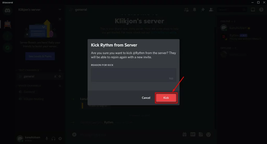 cara kick bot dari server Discord